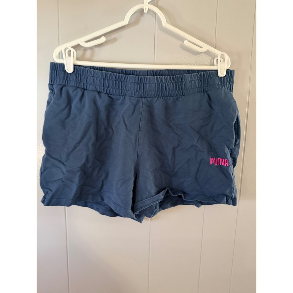 Puma Sweat Shorts Womens XL Blue Pink Logo Elastic Waist Pockets 4916